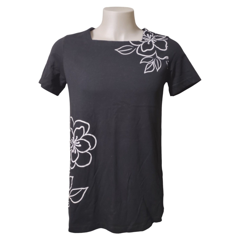 Blair Shirt L Womens Boho Whimsical Graphic Floral Core Square Neck Top Black